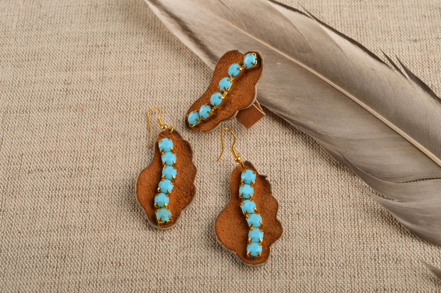 Handmade leather accessories stylish jewelry set long earrings cute ring photo 1