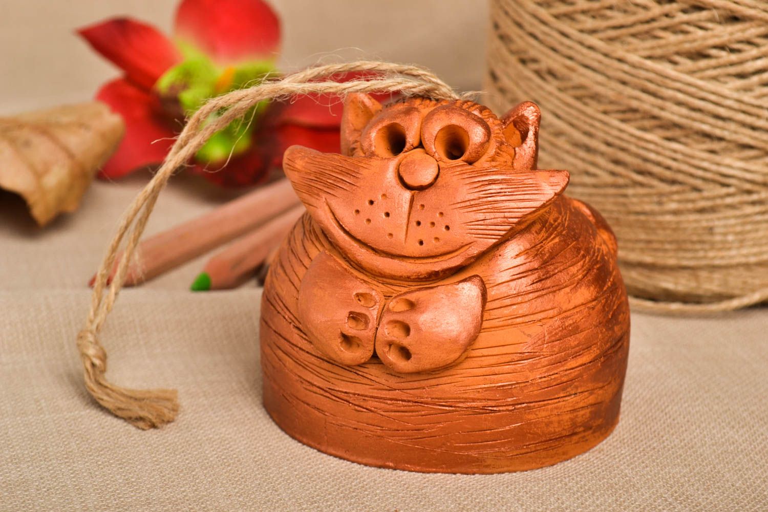 Deko Anhänger Handgemachte Keramik Glöckchen Ton originelle Geschenke Katze foto 1