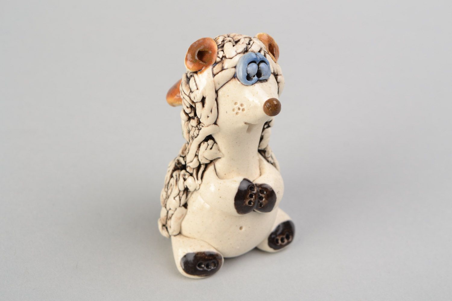 Handmade decorative miniature ceramic figurine of hedgehog with mushroom photo 4