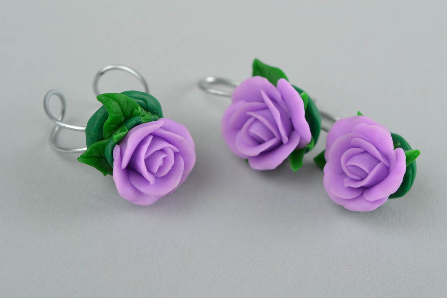 Beautiful polymer clay jewelry set flower ring and earrings Roses photo 4