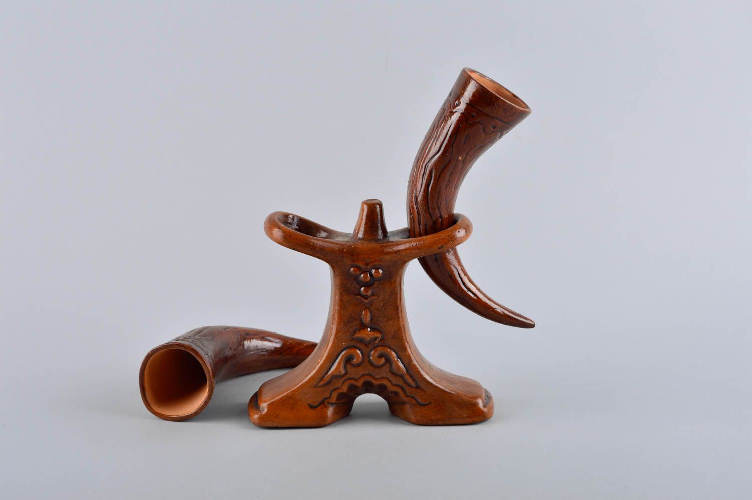 Handmade set of 2 clay drinking horns ceramic festive tableware designer present photo 3