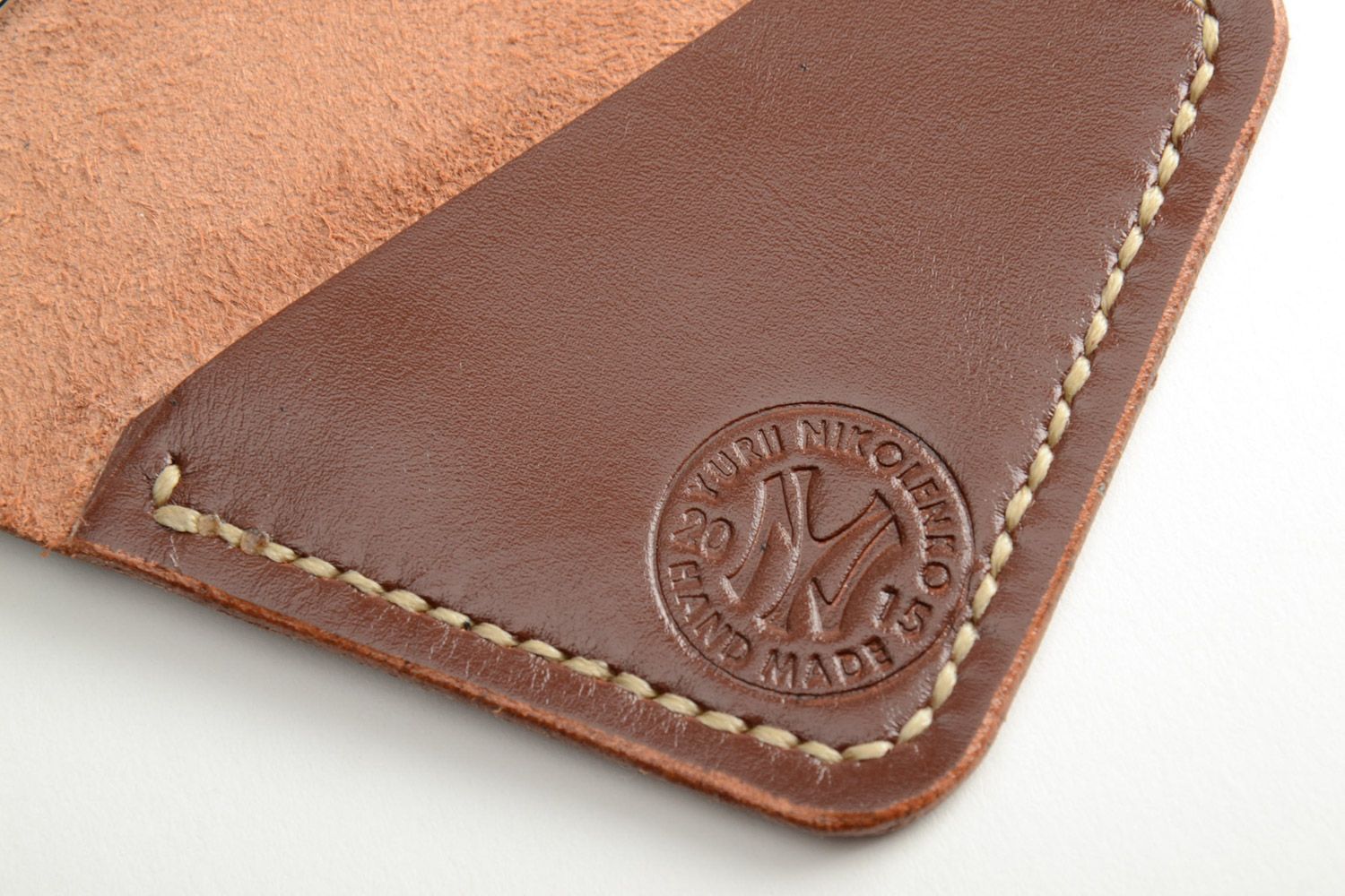 Homemade genuine leather wallet of brown color sewn with waxed thread with clip  photo 4