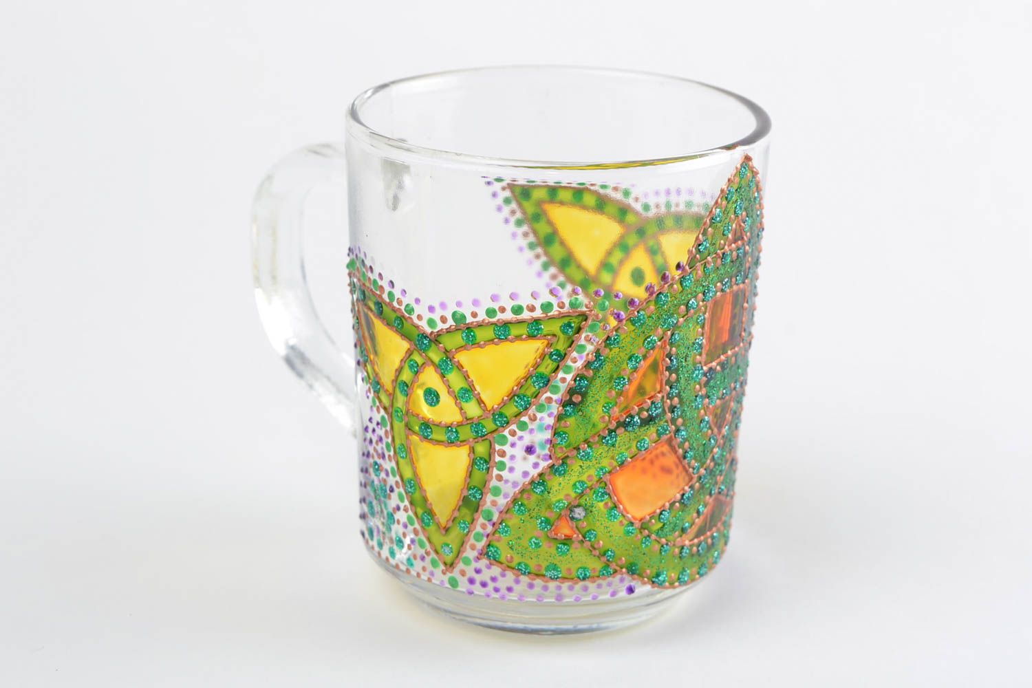 Künstlerische bemalte Teetasse aus Glas handmade Geschirr mit Symbol Triskele foto 5