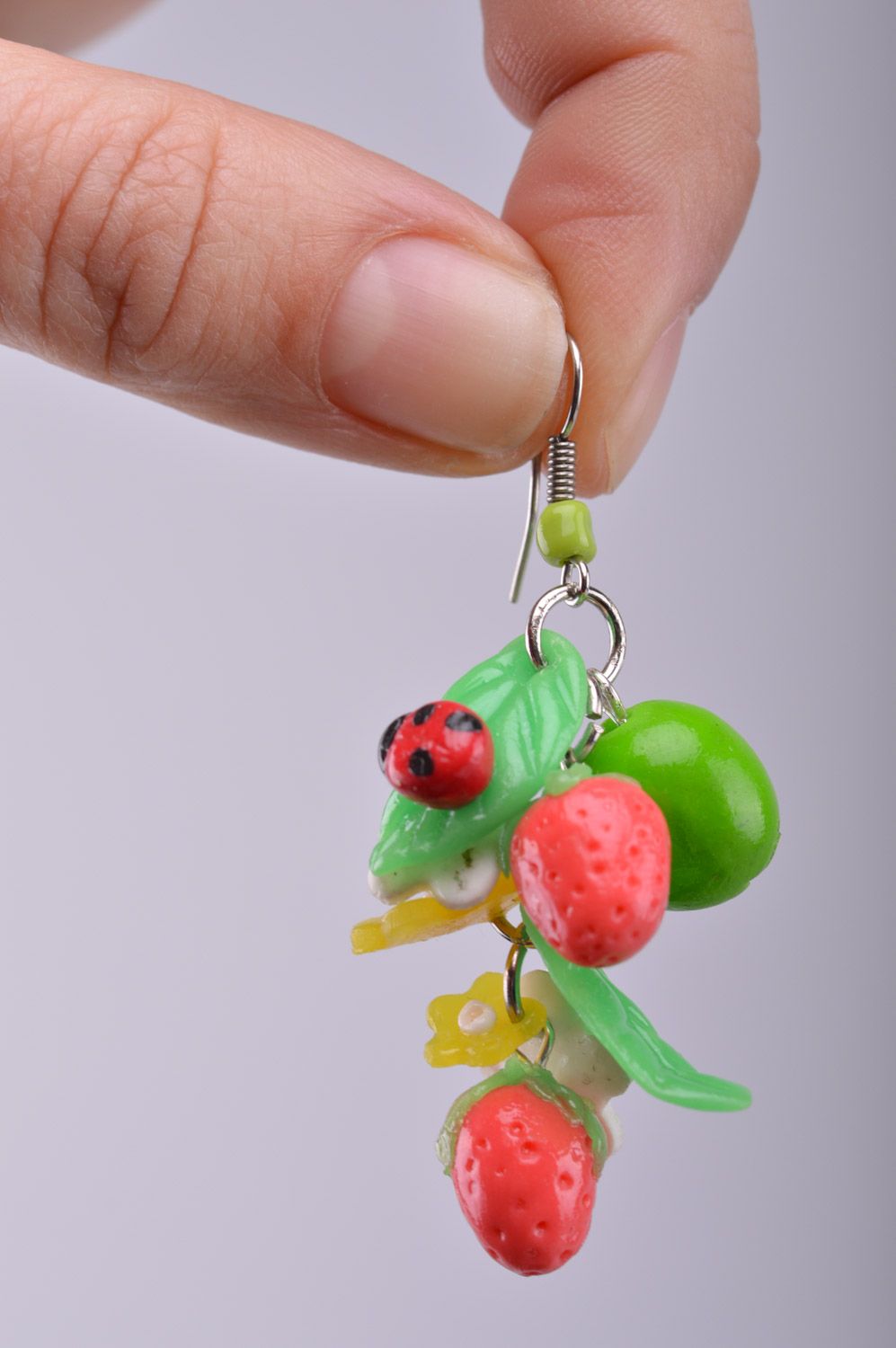 Handmade designer polymer clay long earrings with charms in the shape of berries photo 1