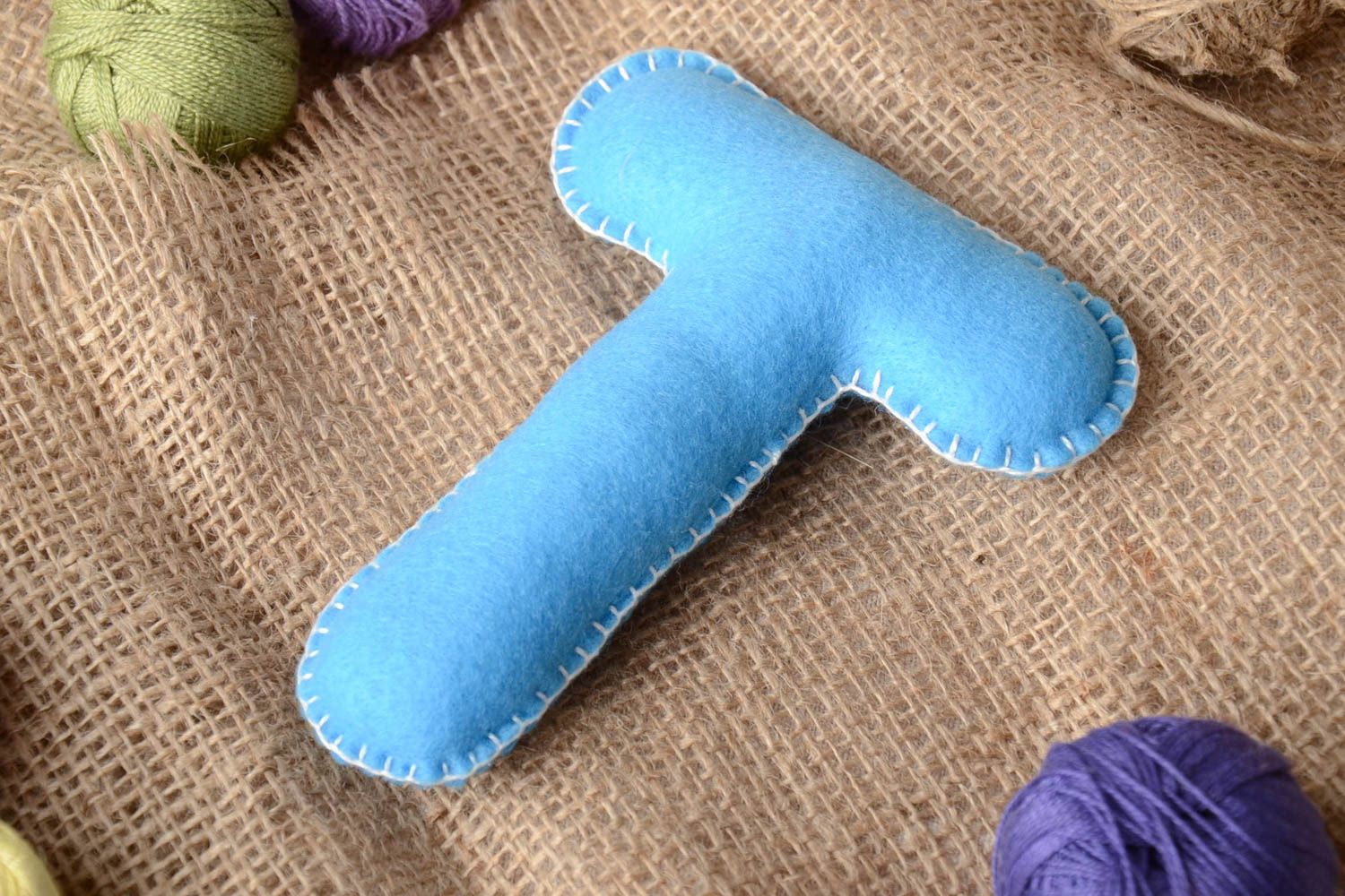 Handmade small blue felt educational soft toy letter T for alphabet learning photo 1