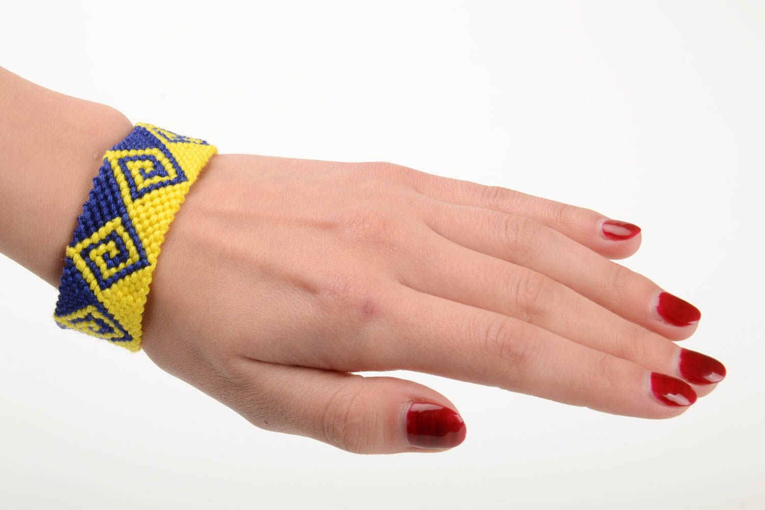 Handmade wide friendship wrist bracelet woven of yellow and blue embroidery floss photo 5