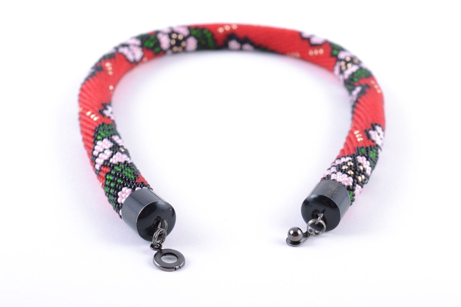 Handmade red Czech bead cord necklace with beautiful flowers photo 5