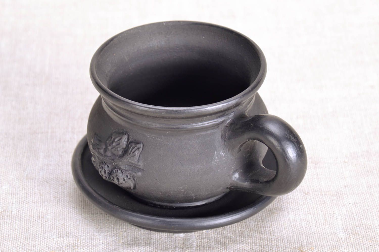 Black clay coffee cup Oak Branch with handle and saucer photo 3