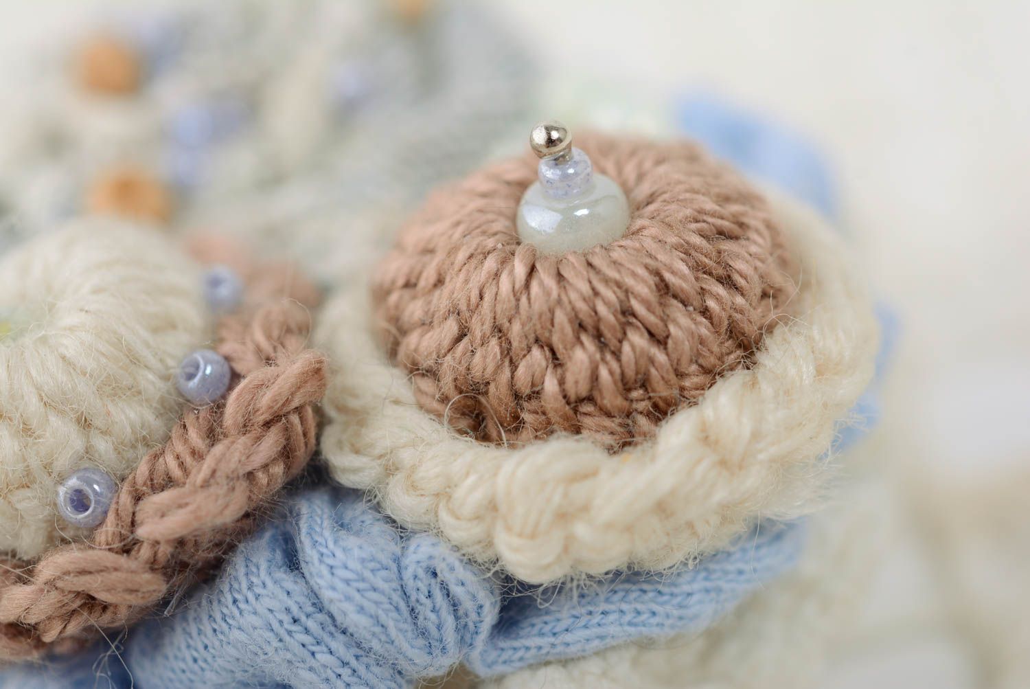 Handmade designer tender blue and beige woolen crochet brooch with beads  photo 5