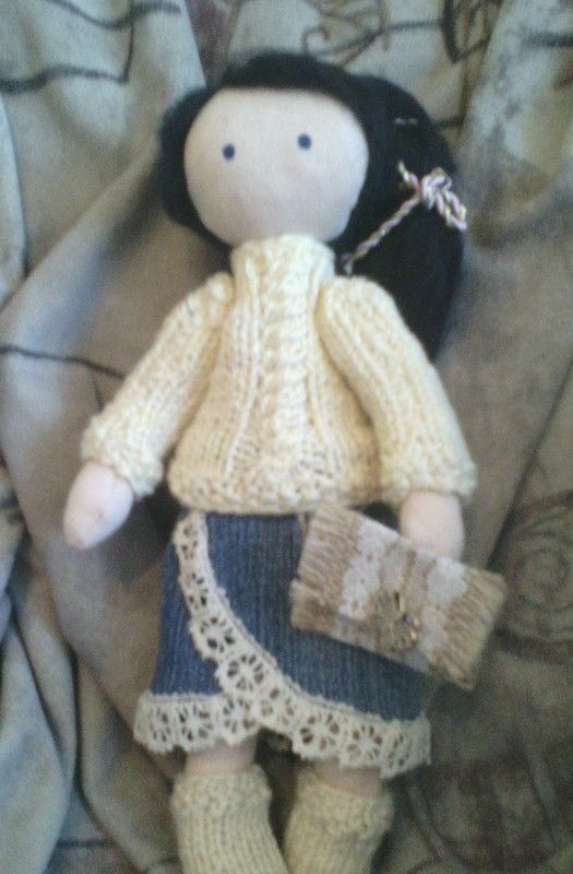 Handmade soft toy brunette doll in knitted sweater and denim skirt photo 4