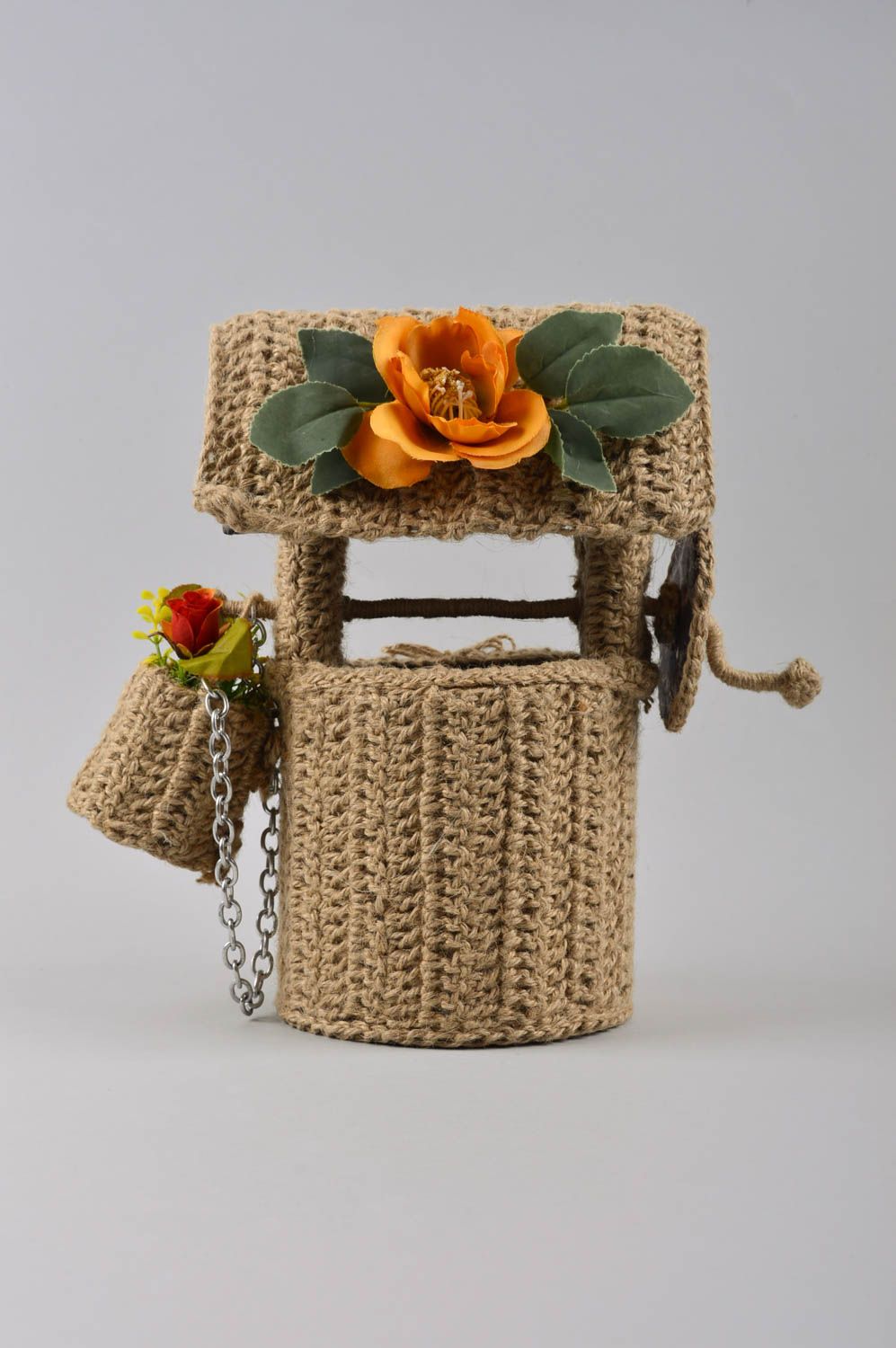 Pozo artesanal de cordel con flor naranja decoración de interior regalo original foto 3