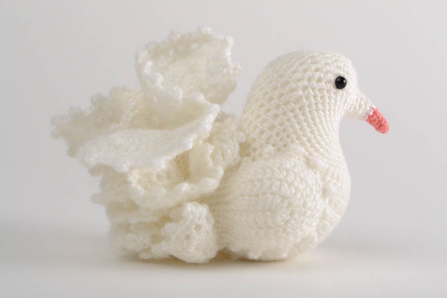 Handmade soft toy crocheted of acrylic threads white dove for interior decor photo 1