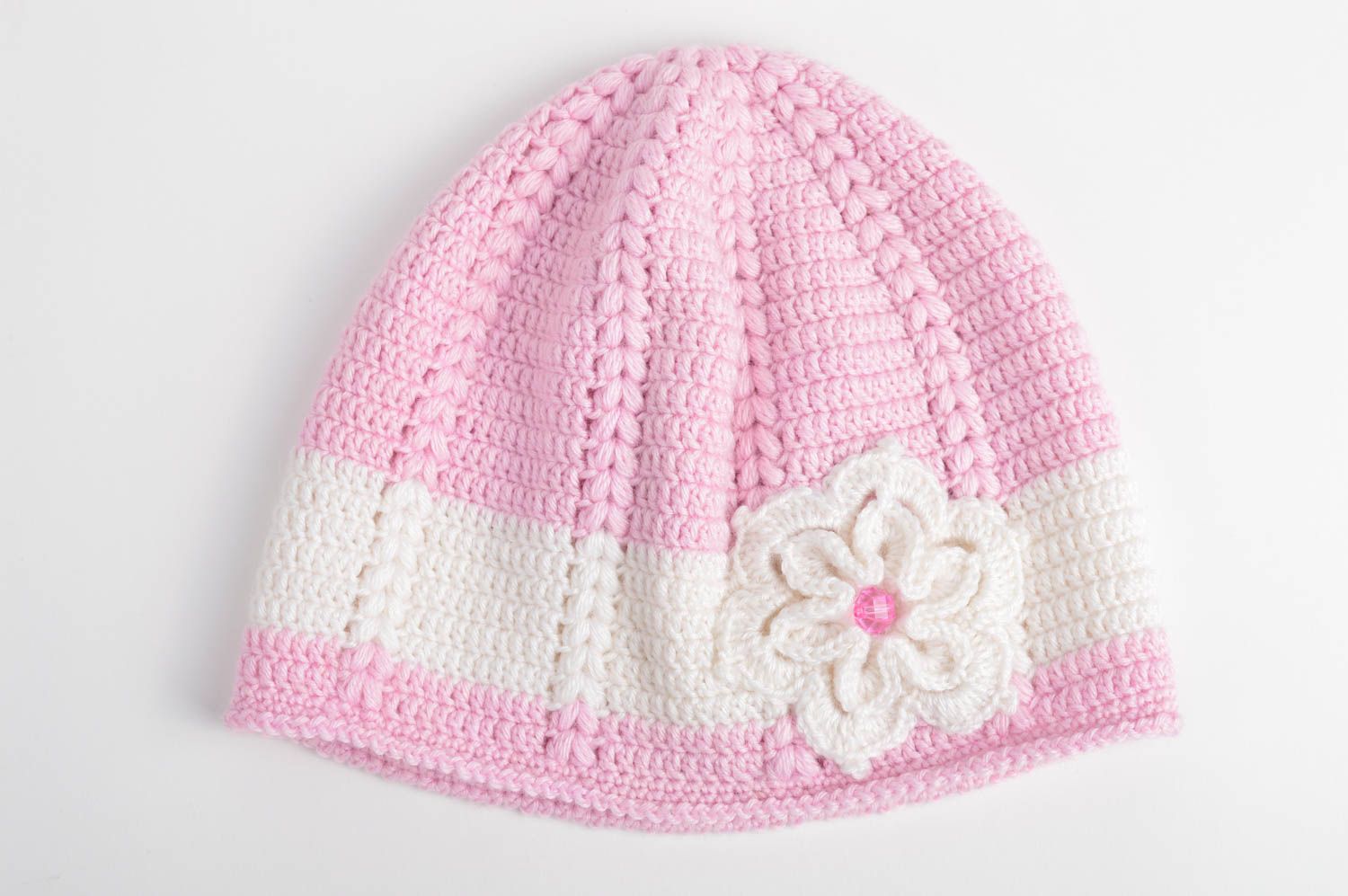 Bonnet tricot fait main Chapeau au crochet Vêtement enfant rose blanc sympa photo 3