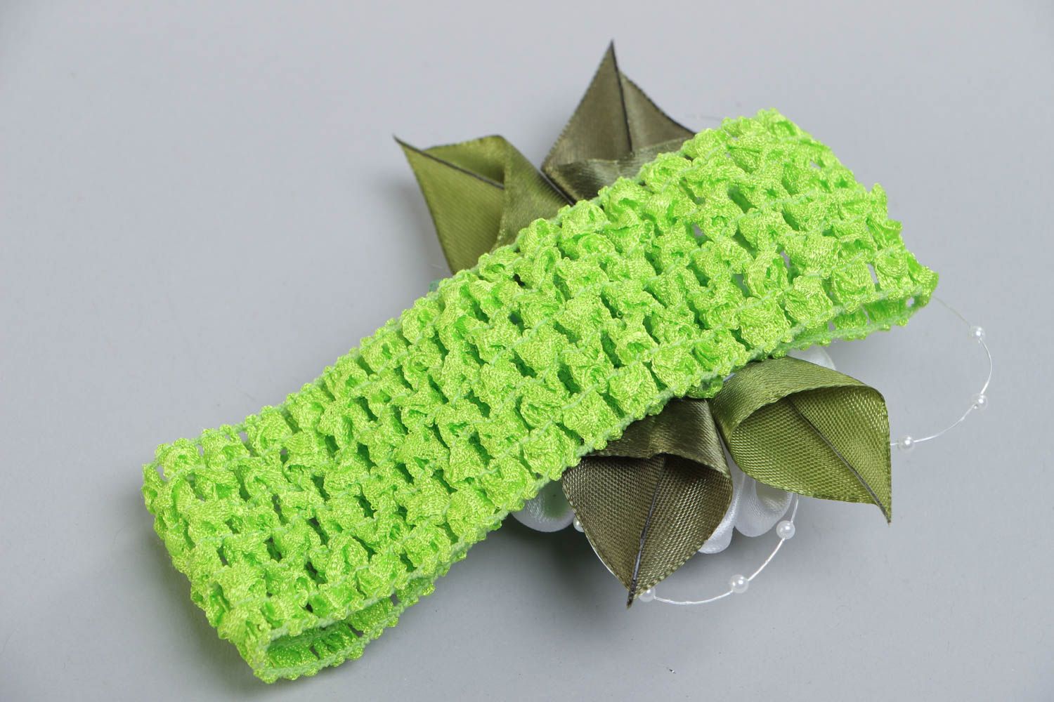 Handmade light green decorative headband with stretch basis and kanzashi flower photo 4