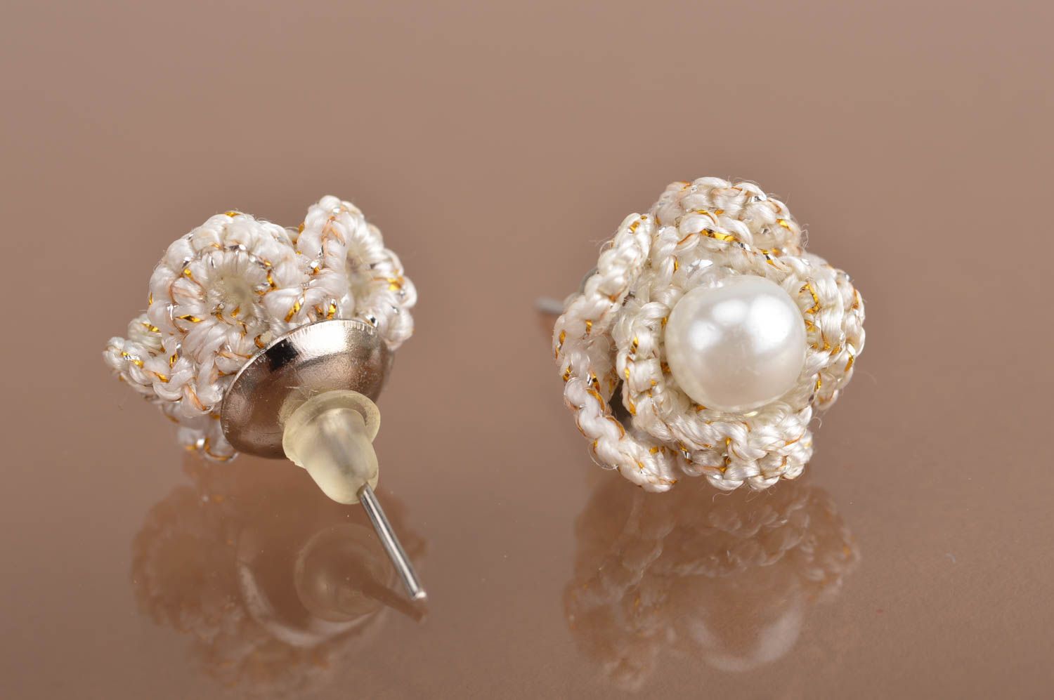 Beautiful handmade unusual tatted flower stud earrings designer jewelry photo 5