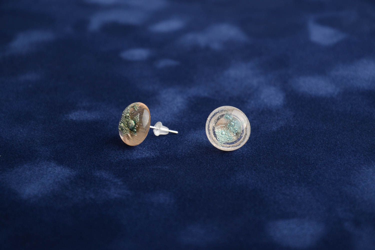Gentle small handmade round fused glass stud earrings designer women's jewelry photo 1