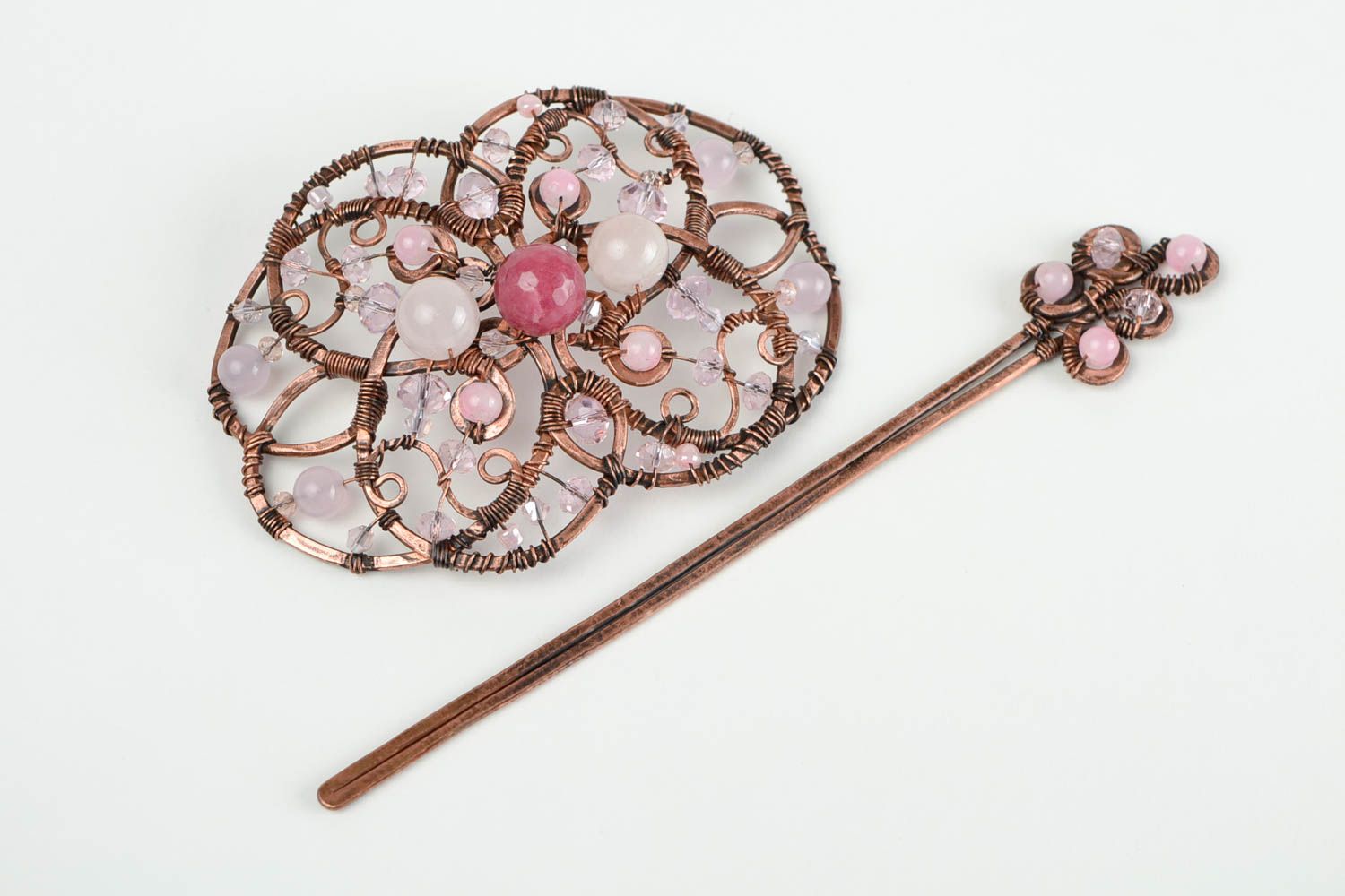 Handmade Kupfer Schmuck Haarspange mit Perlen in Rot Accessoire für Haare foto 4