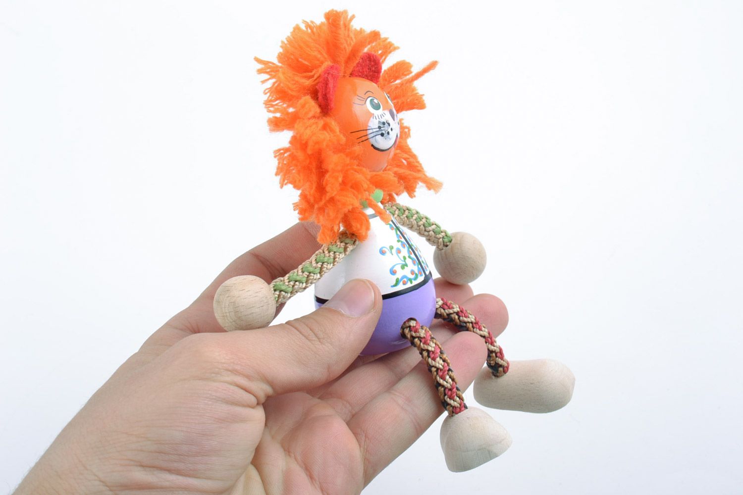 Small eco friendly painted toy hand made of wood lion with orange mane for kids photo 2