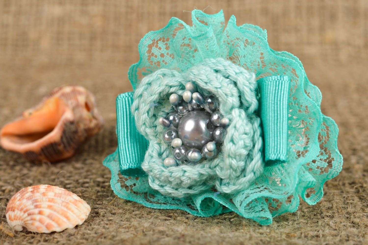 Handmade brooch crochet brooch crochet brooch pin with lace mint flower brooch photo 1