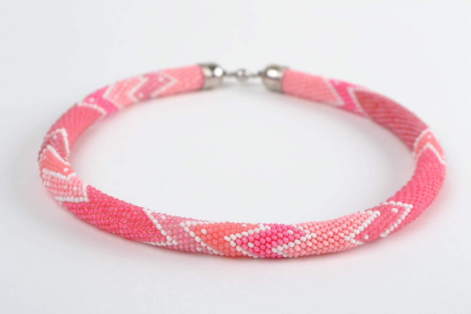 Beautiful homemade short beaded cord necklace of pink color photo 3