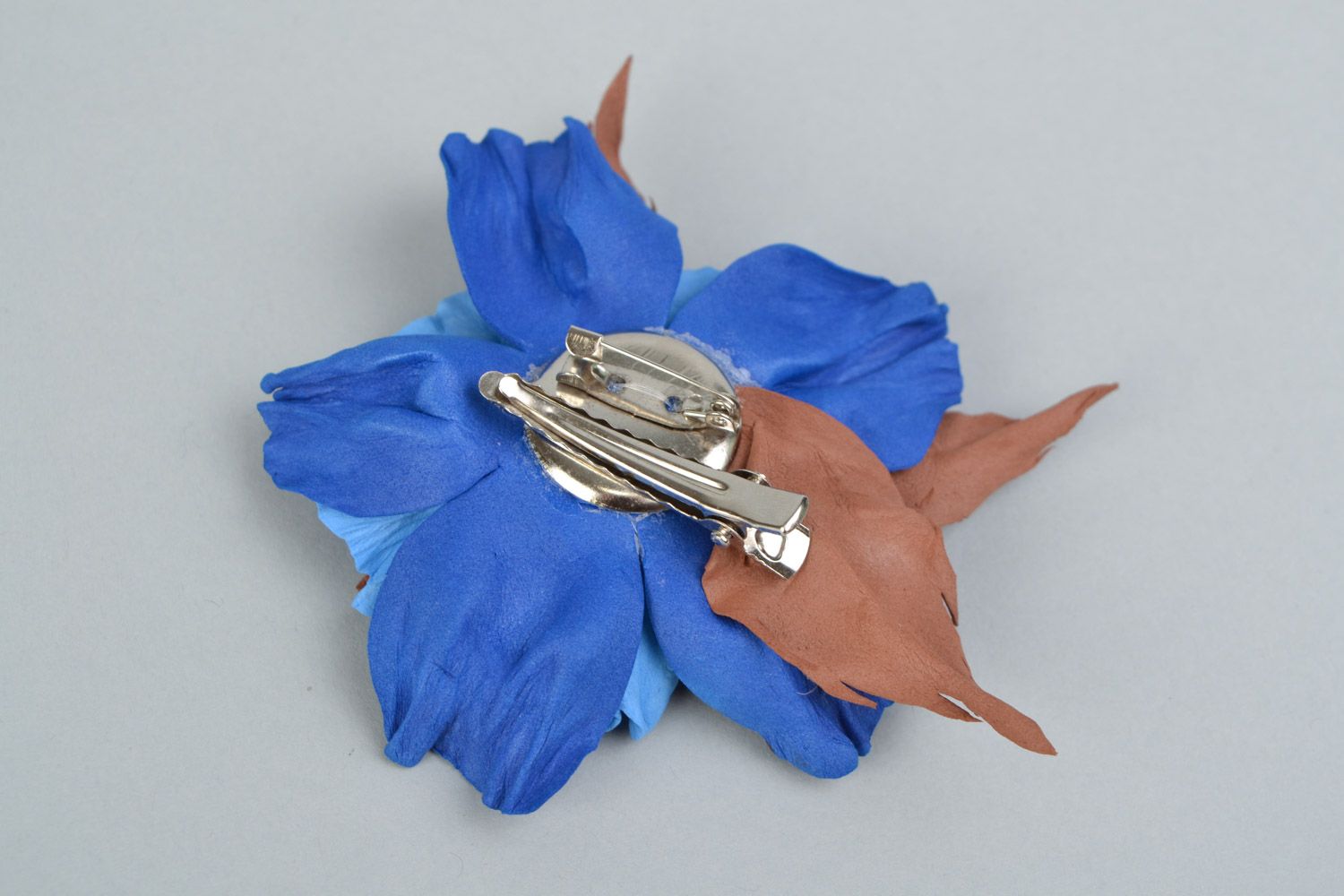 Handmade magnificent blue and brown foamiran flower brooch hair clip transformer photo 4