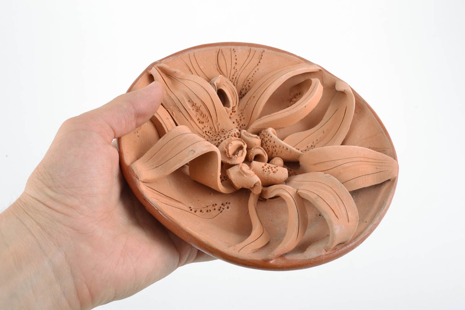 Beautiful decorative round handmade clay plate with molded flower photo 2