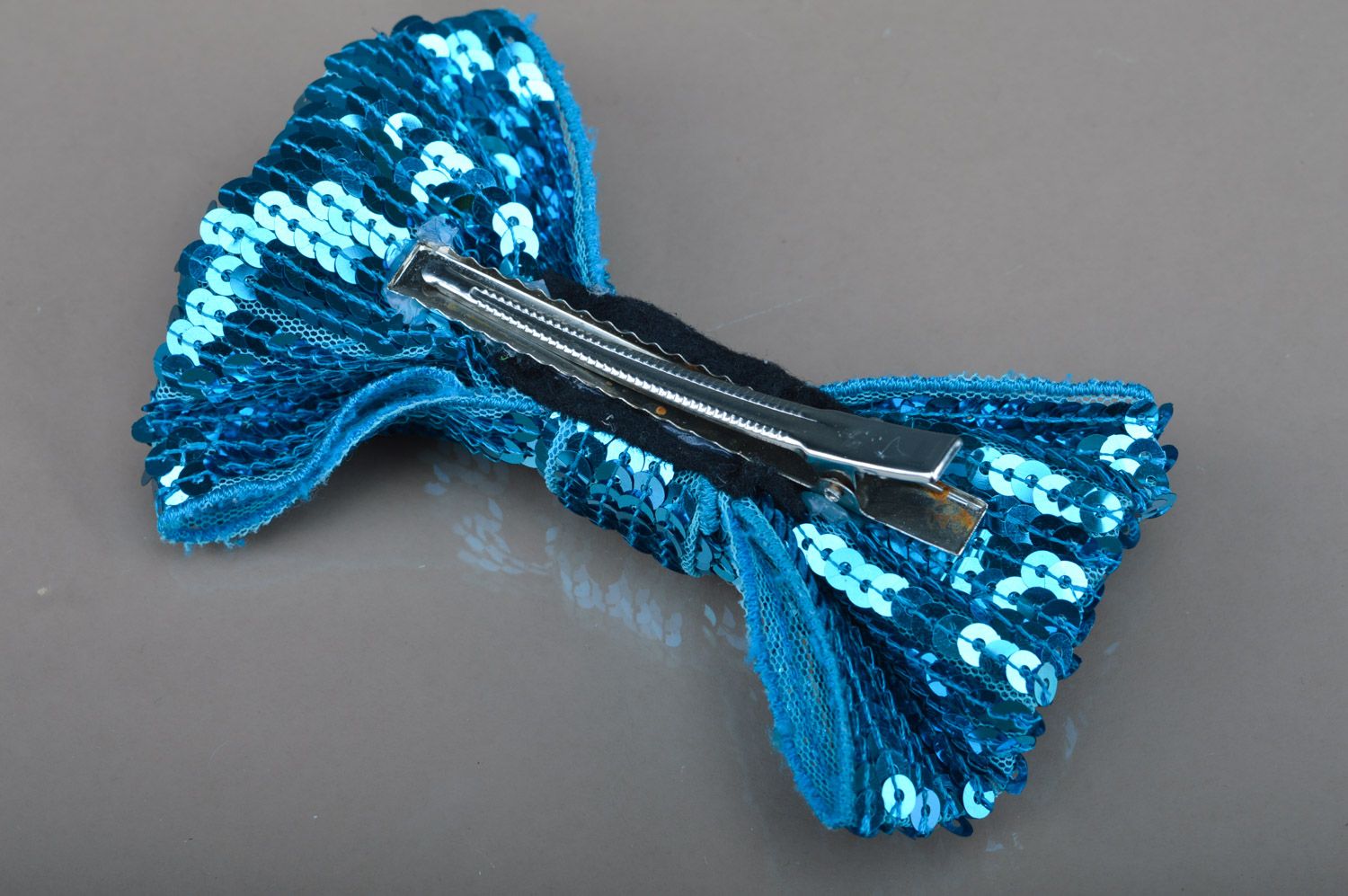 Magnificent handmade hair clip with sparkling blue bow decorated with spangles  photo 3