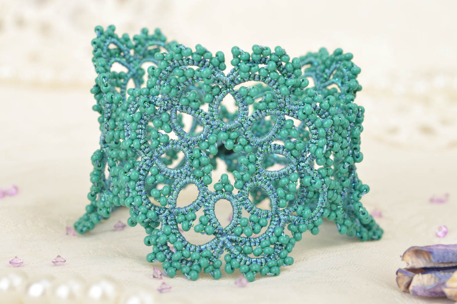 Beautiful handmade wide tatted lace bracelet of turquoise color with beads photo 1