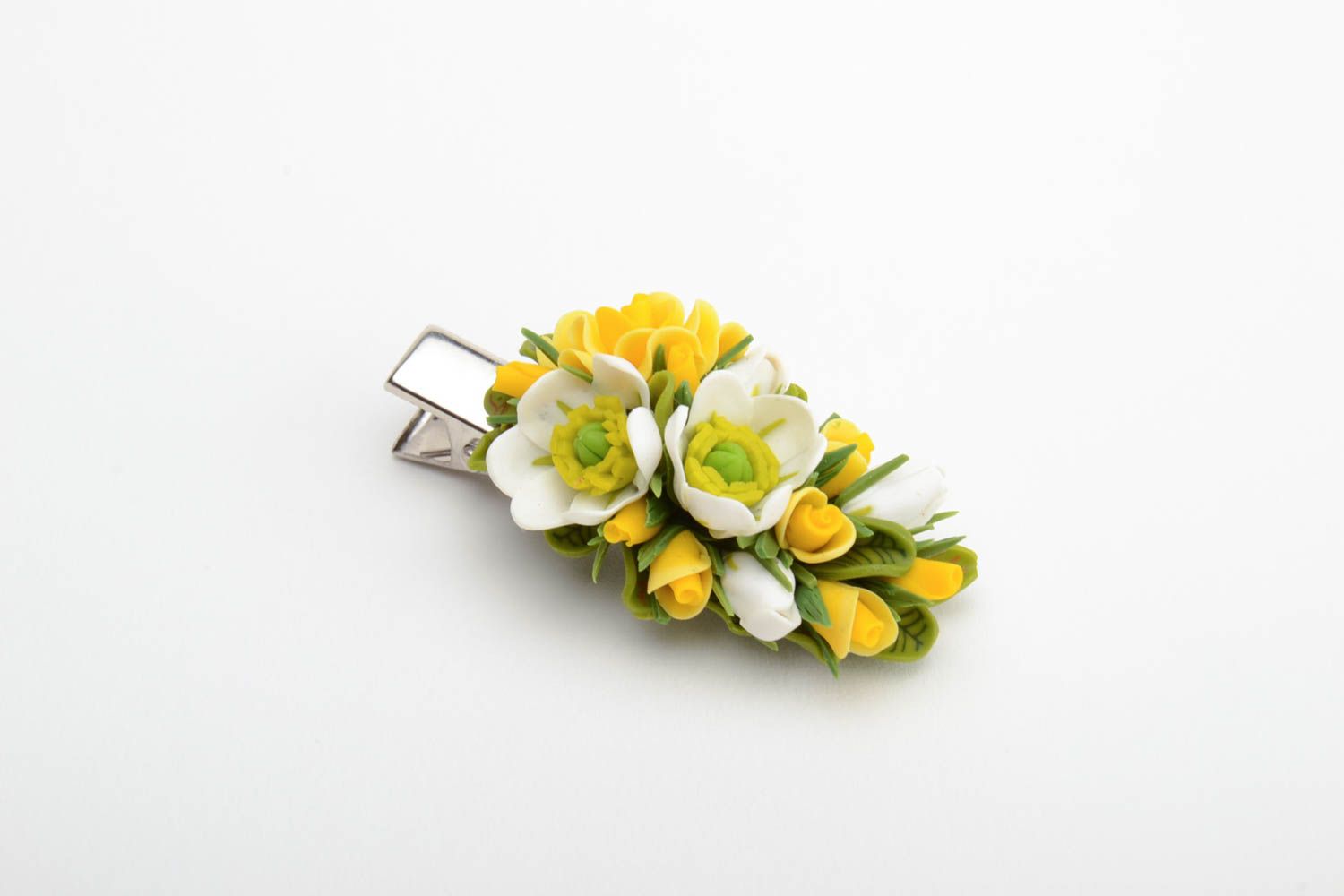 Handmade decorative hair clip with tiny tender yellow polymer clay flowers photo 2