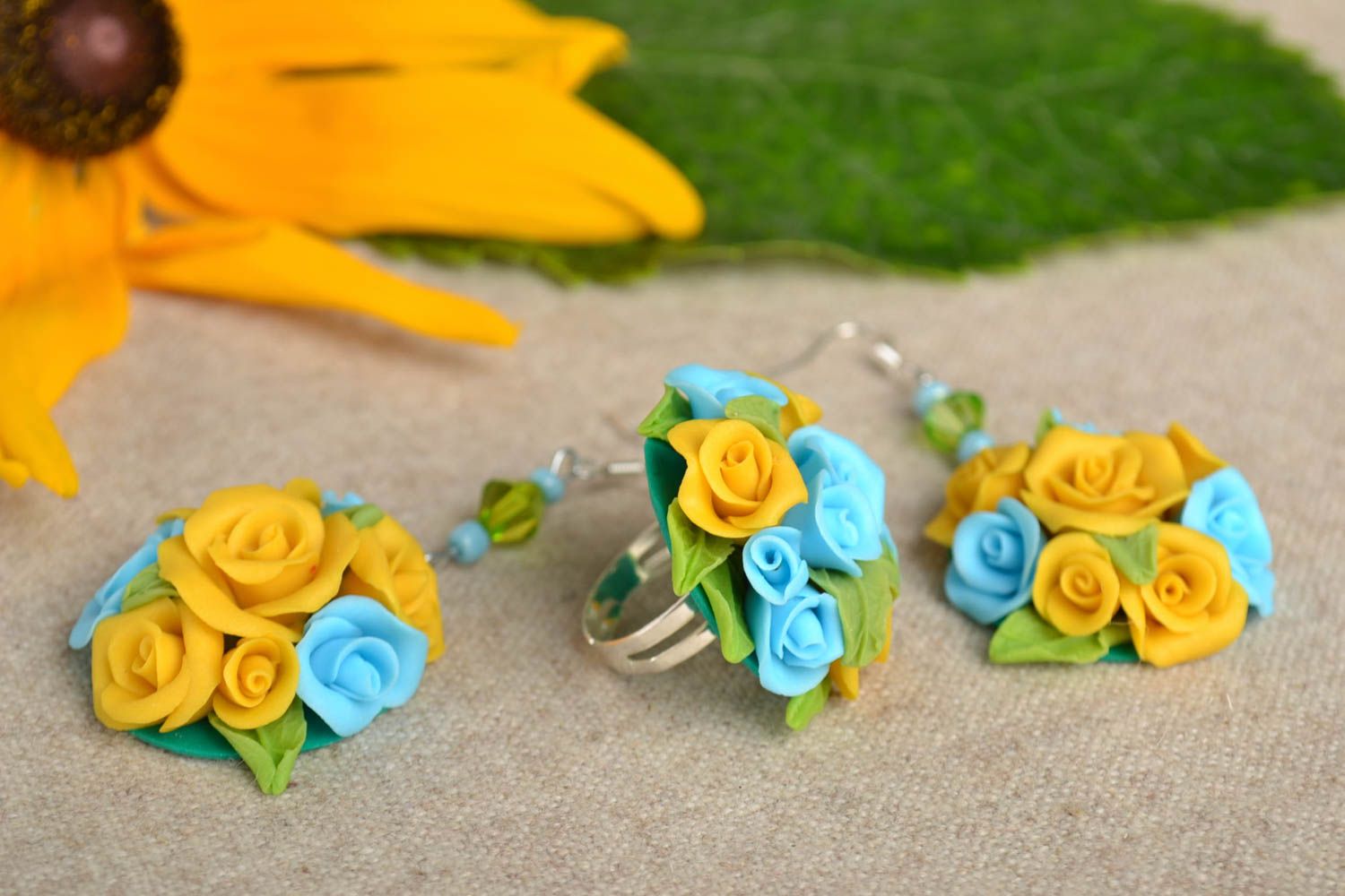 Handmade jewelry flower earrings unique rings polymer clay fashion accessories photo 1