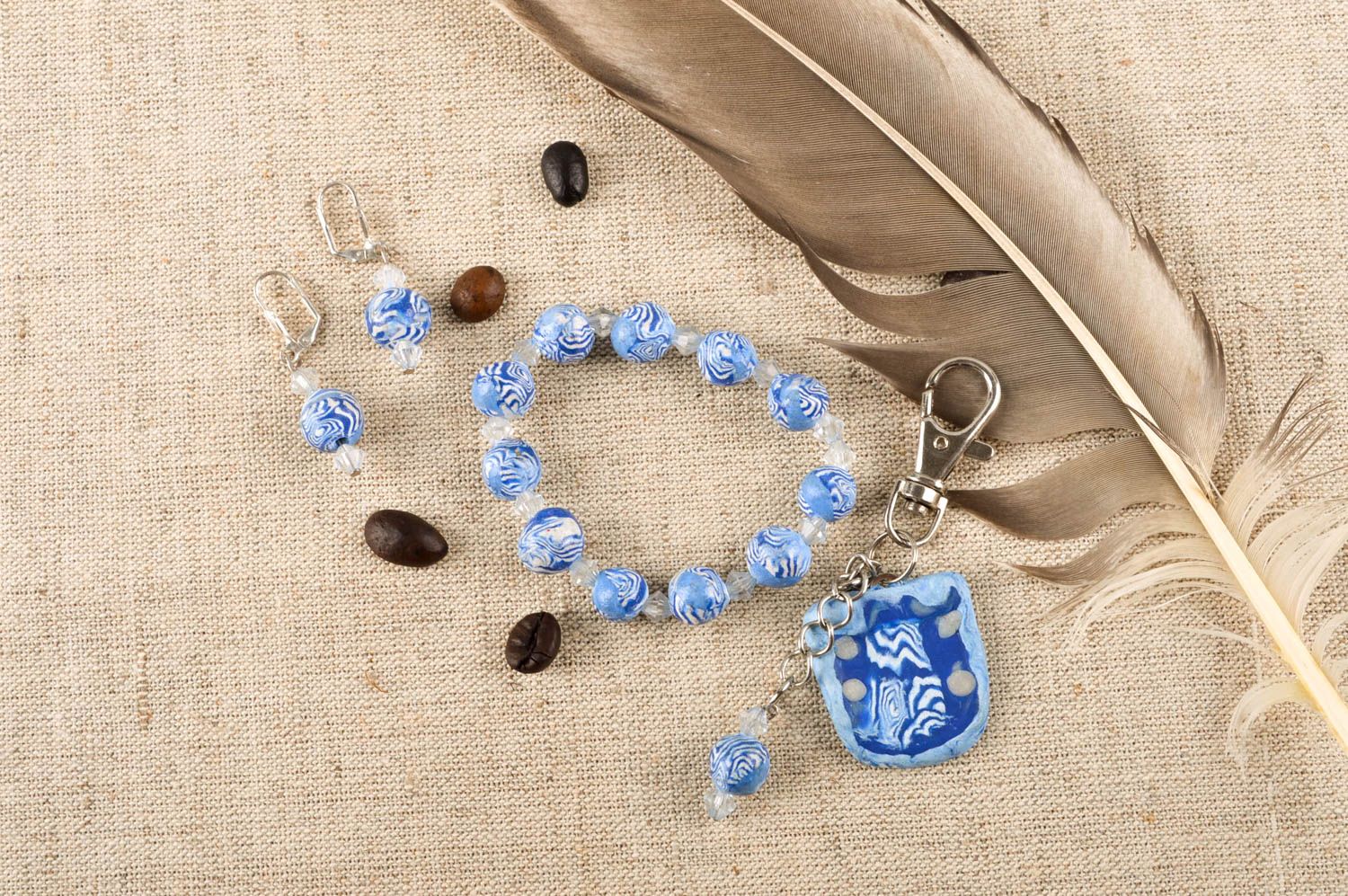 Handmade jewelry set wrist bracelet dangling earrings unique keychain gift ideas photo 1