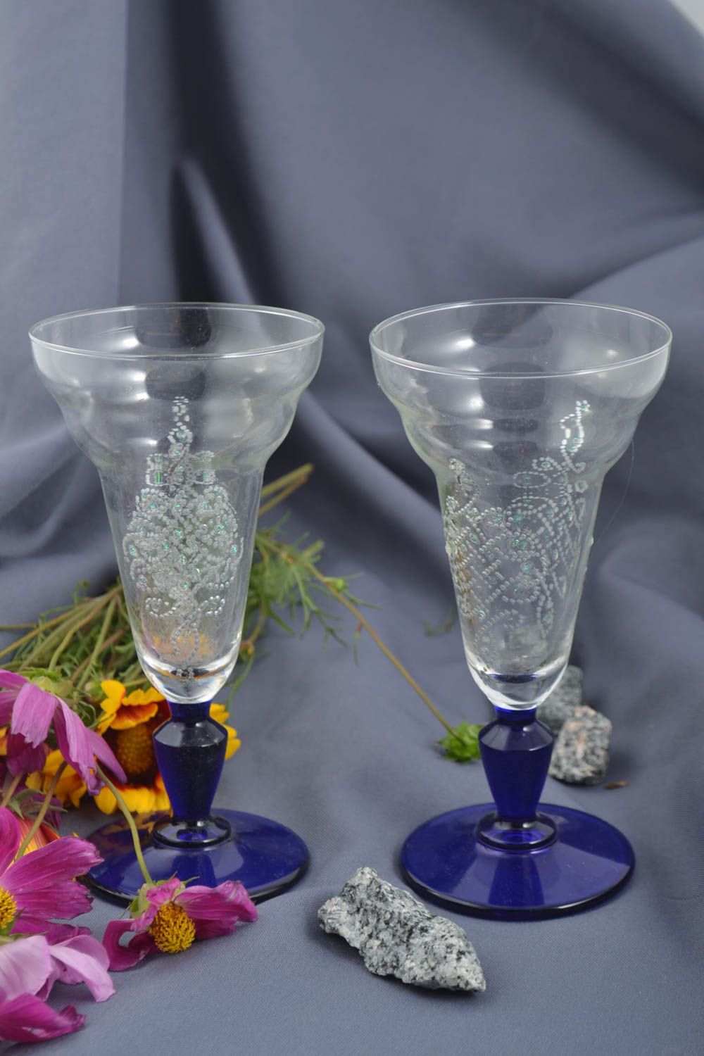 Handmade stylish set of glasses interesting painted ware home decor 2 pieces photo 1