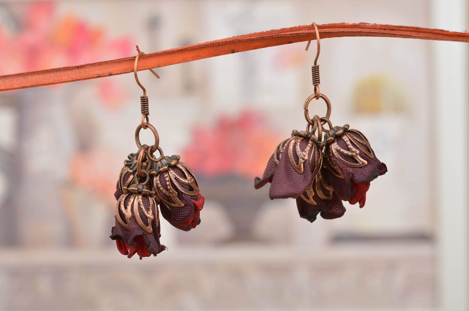 Textile handmade earrings accessories with charms claret earrings with charms photo 1
