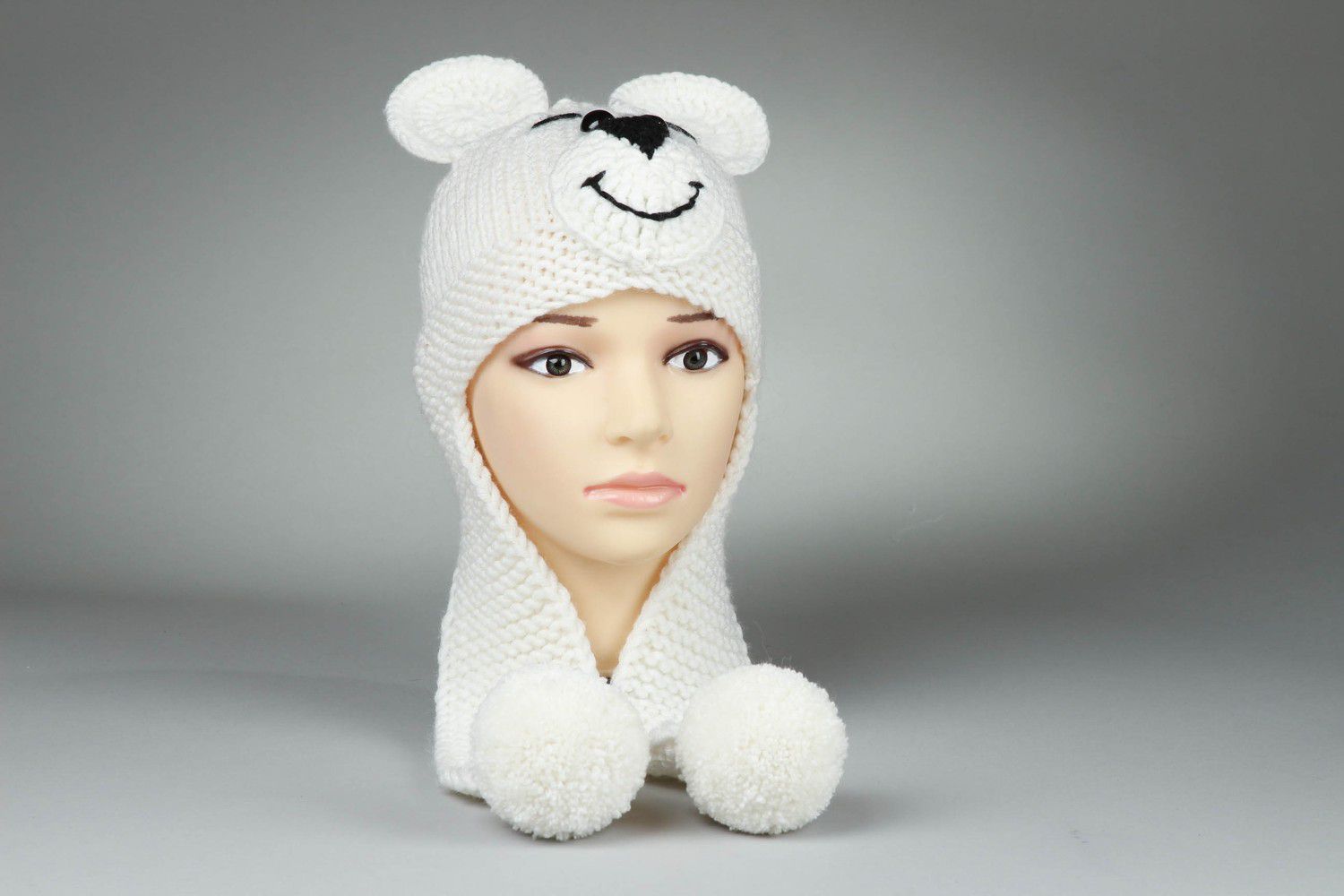 Knitted hat Bear, white color photo 1