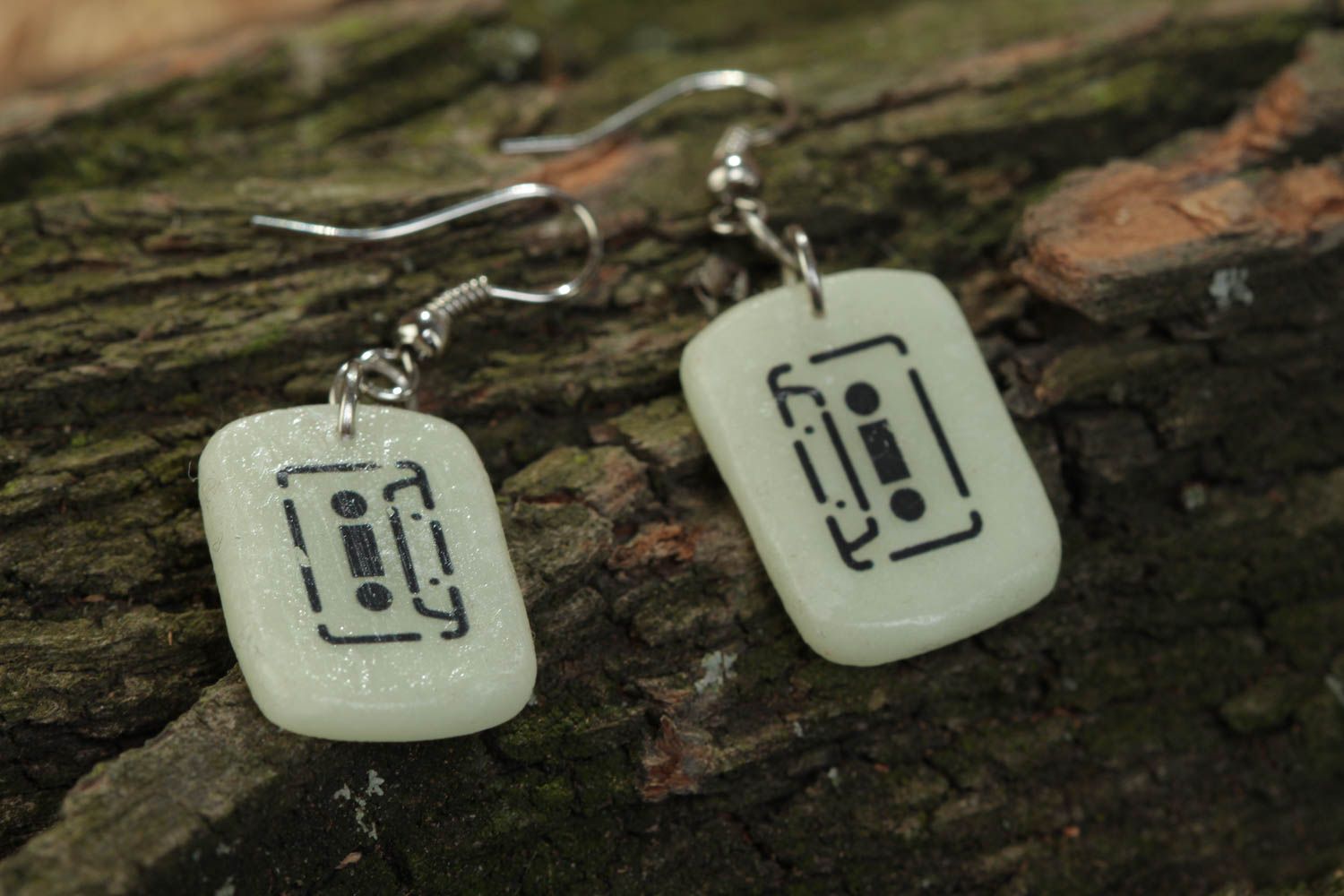 Handmade white earrings made of polymer clay Cassettes designer accessory photo 1