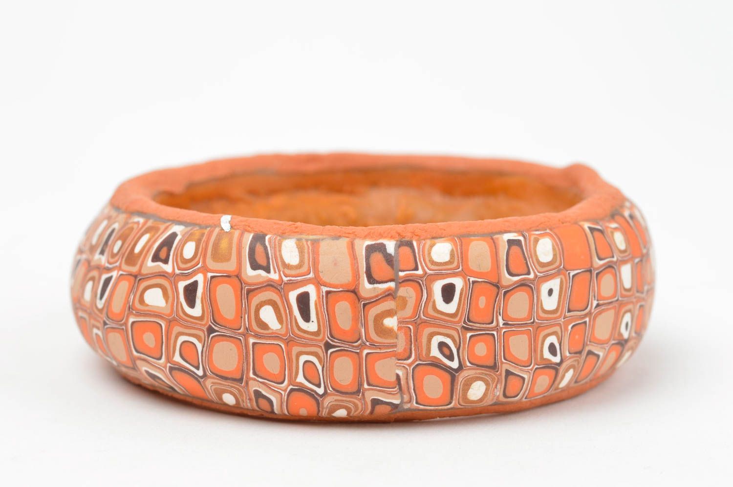 Цельный наручный браслет ручной работы из полимерной глины оранжевый с узорами фото 4