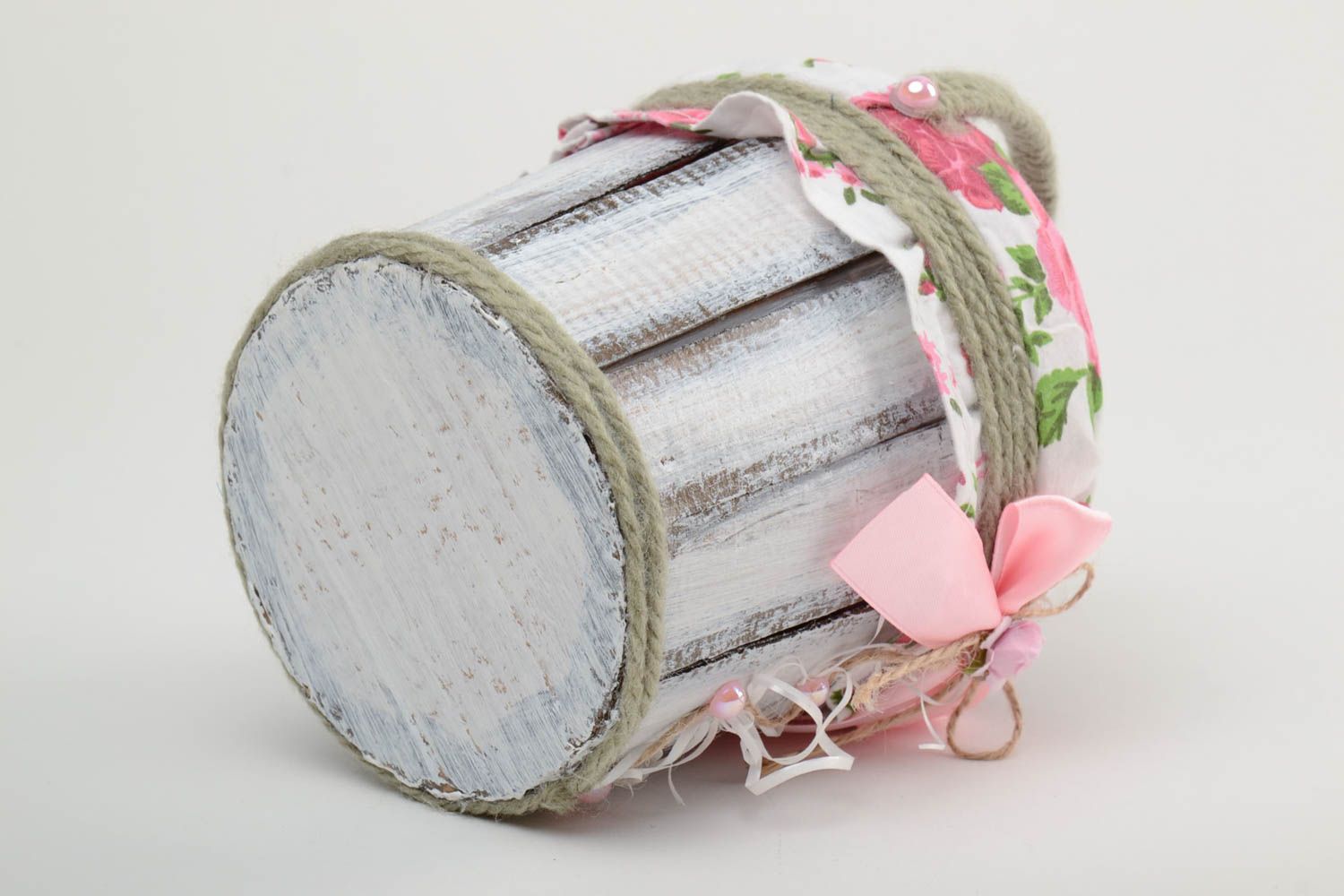 Handmade decorative carton and fabric bucket with bow for little things photo 4