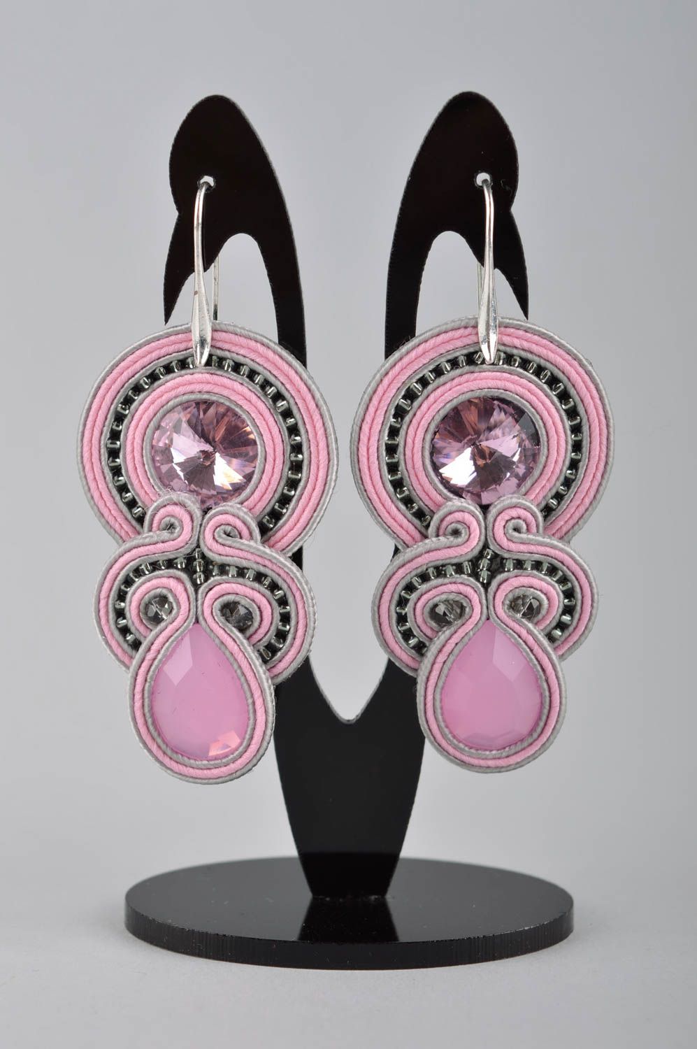 Handmade jewelry pink soutache earrings ladies earrings gifts for women  photo 2