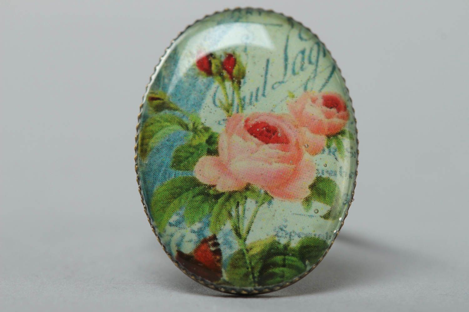 Handmade jewelry ring with metal basis and rose image coated with glass glaze photo 3