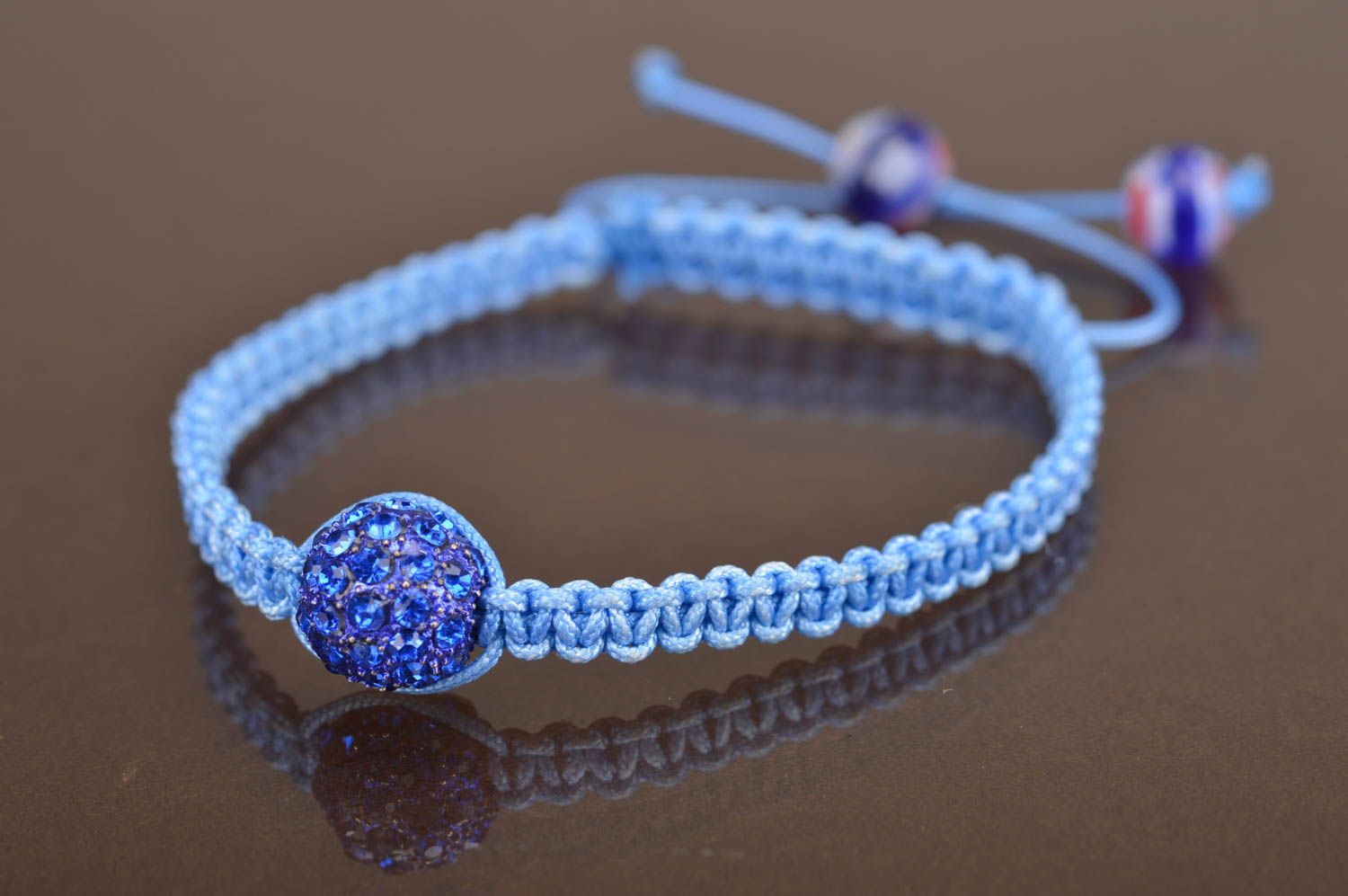 Blue woven adjustable unusual cute wrist bracelet made of laces with bead photo 2