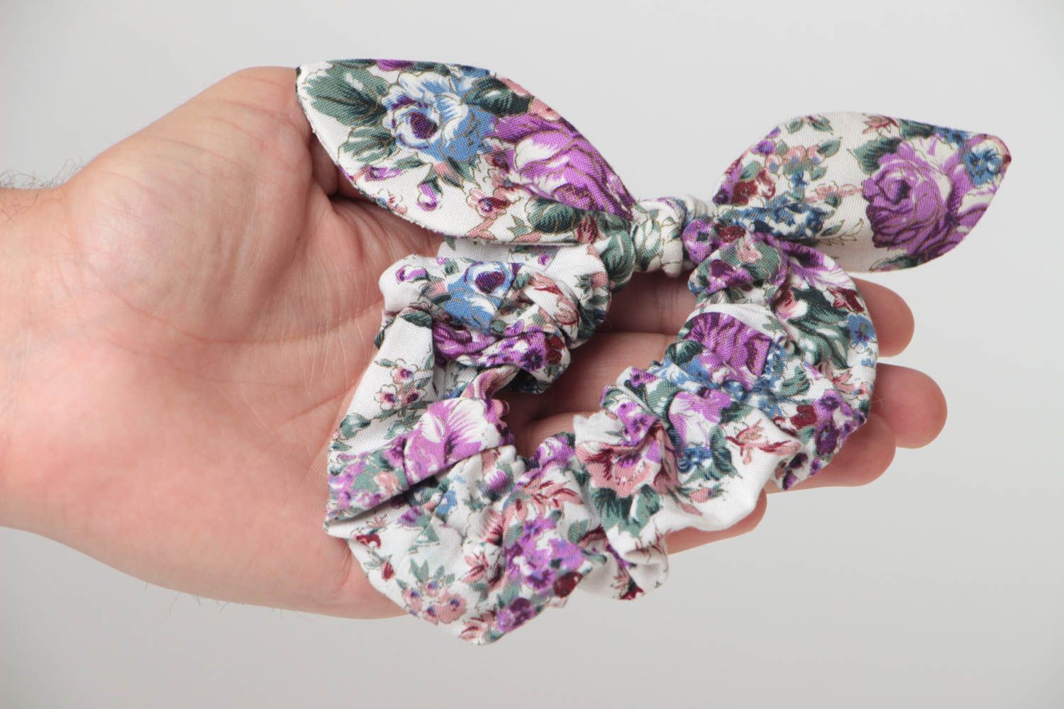 Decorative handmade viscose fabric hair band with violet floral pattern with bow photo 5