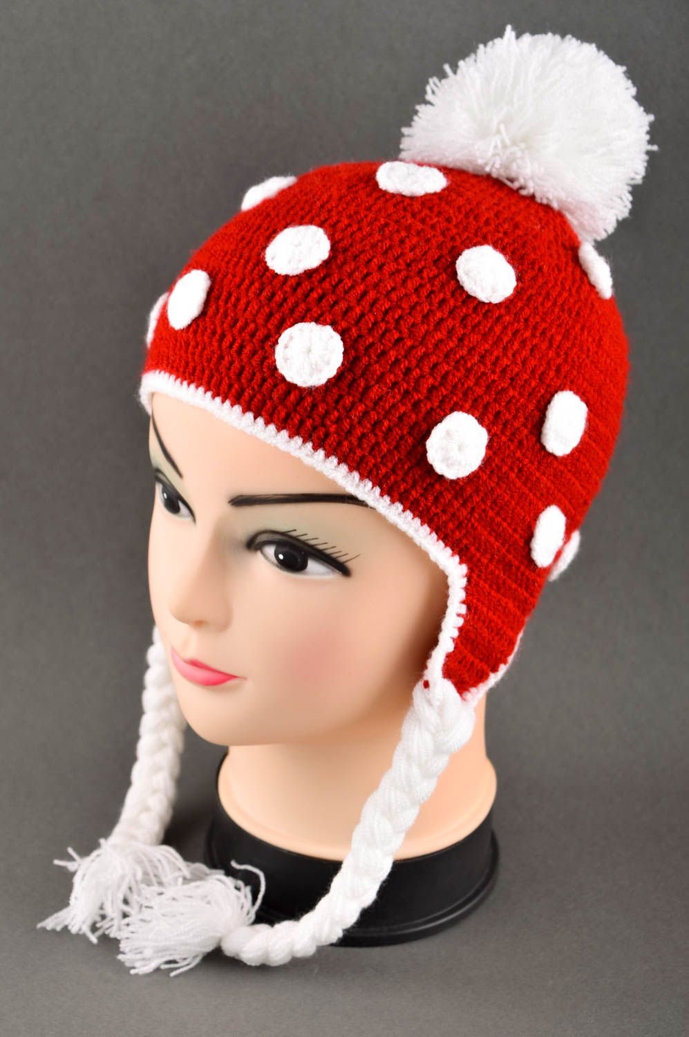 Шапка для девочки зимняя шапка хэнд мейд вязаная шапка красная с белым красивая фото 1