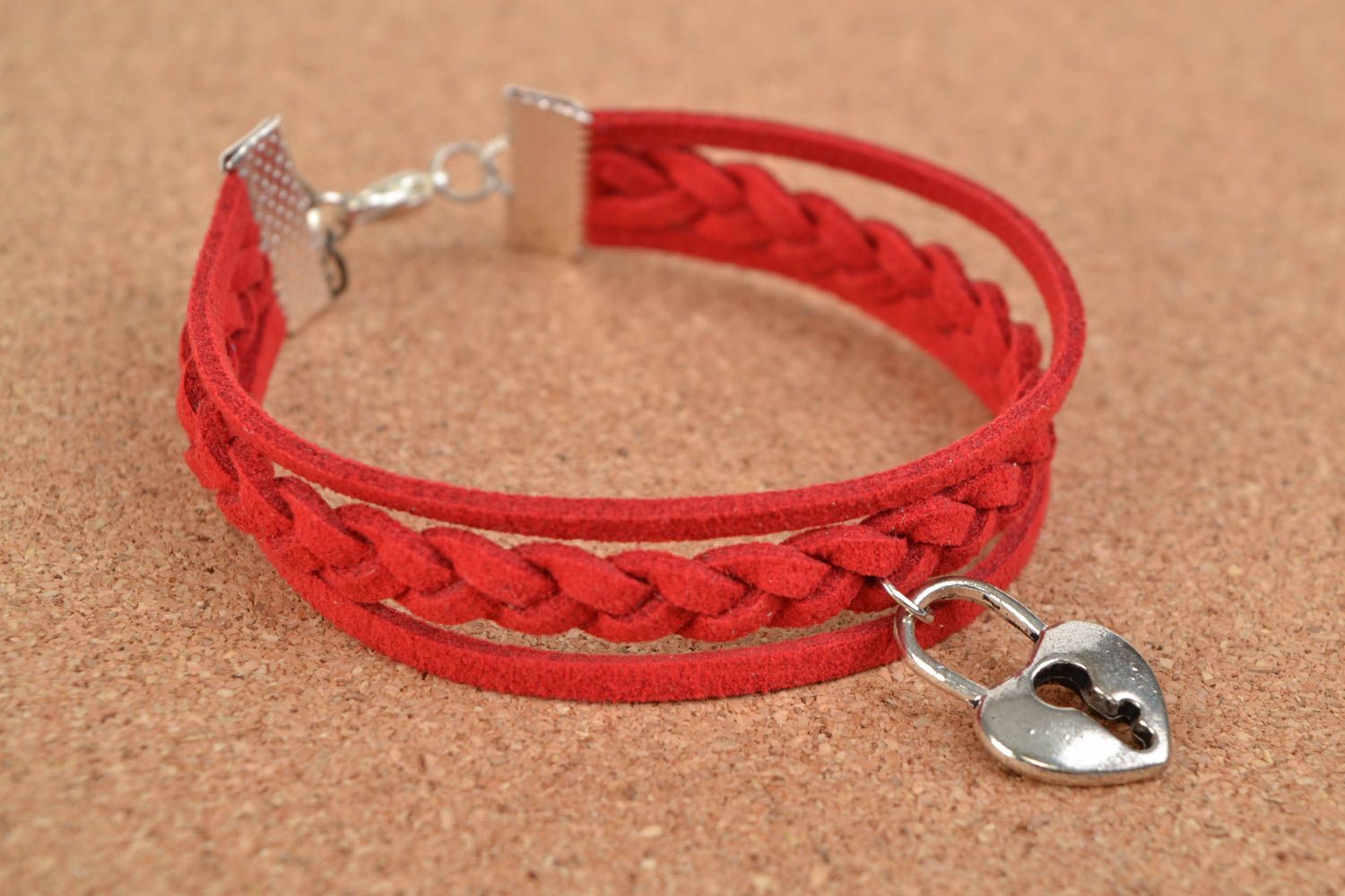 Stylish red handmade woven suede bracelet with metal heart shaped charm photo 1