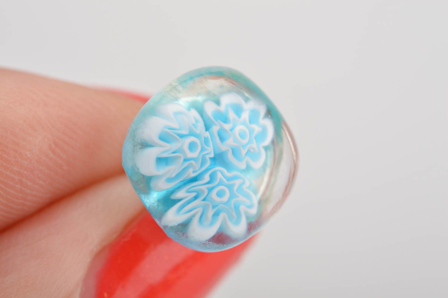 Handmade small stud millefiory glass earrings transparent with blue flowers photo 3