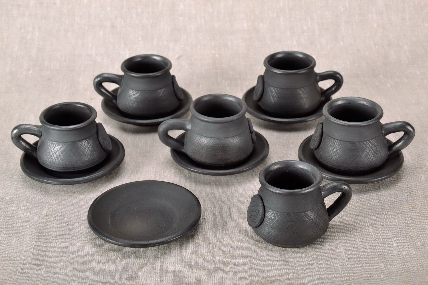Set of 6 six black smoked clay 2 oz espresso coffee cups with handles and saucers  photo 4
