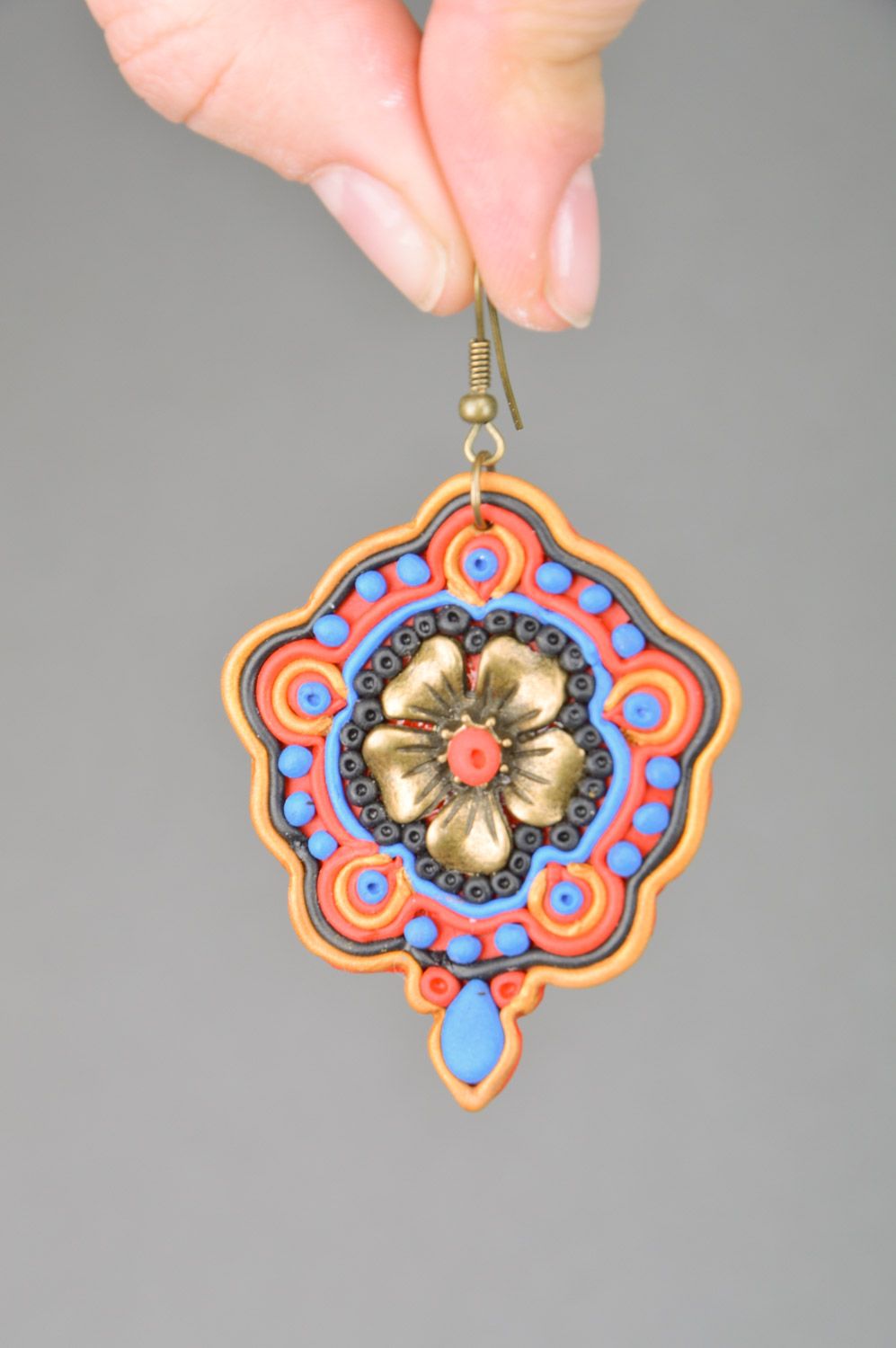 Stylish handmade massive polymer clay earrings with ornament in Orient style photo 2