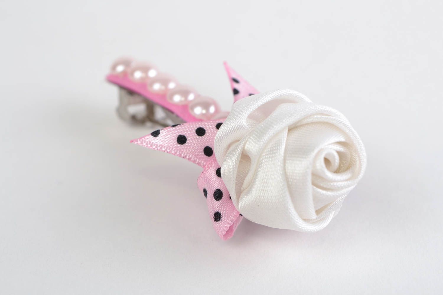 Hairpin made of rep ribbon handmade barrette with white rose present for girl photo 1