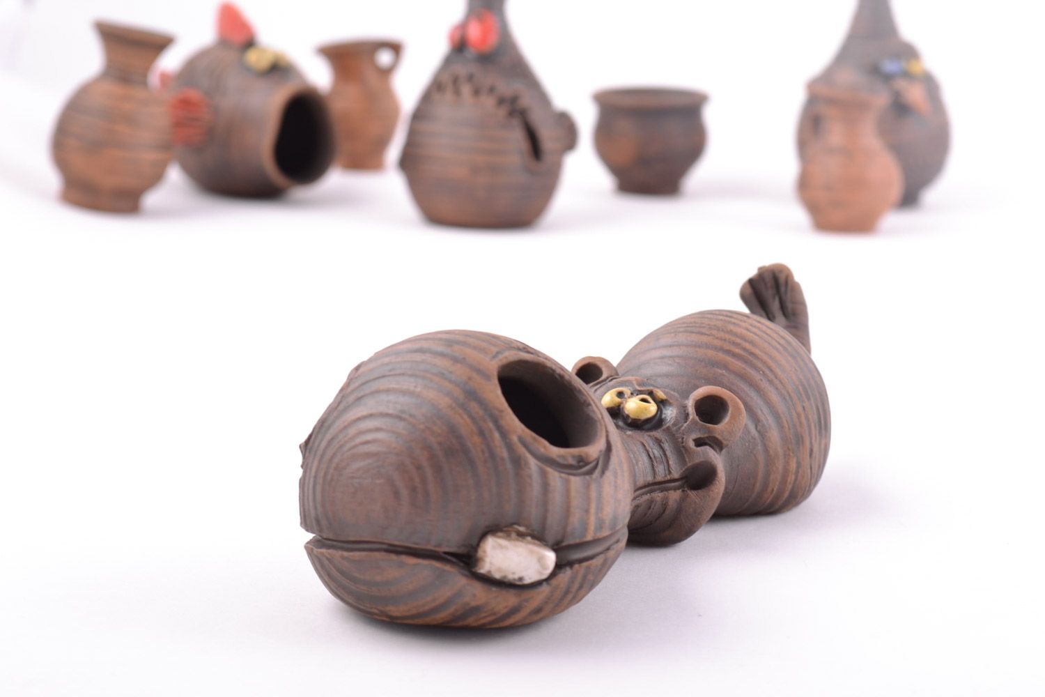 Handmade decorative ceramic statuette of hippo of chocolate color table decor photo 1