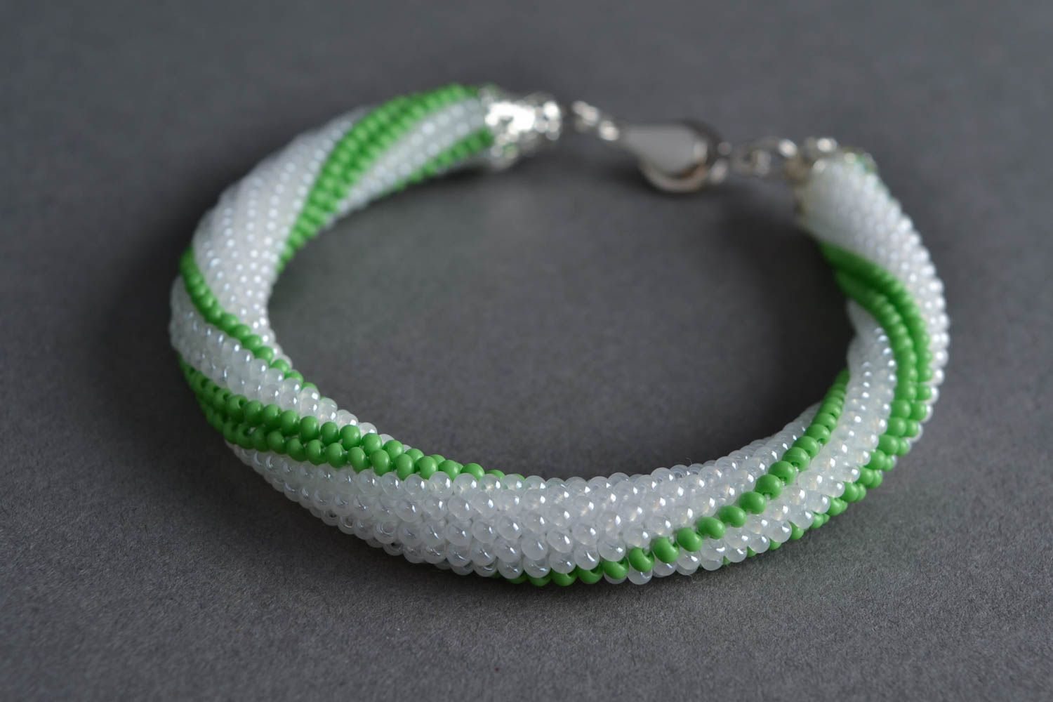 Handmade festive cute beautiful white and green beaded cord bracelet photo 1