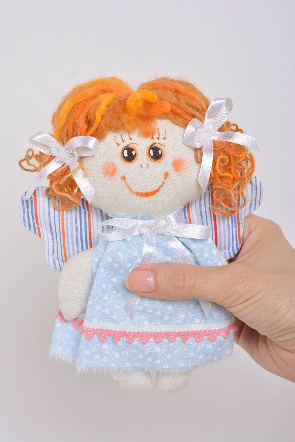 Handmade designer fabric soft doll angel girl in blue dress with striped wings photo 4